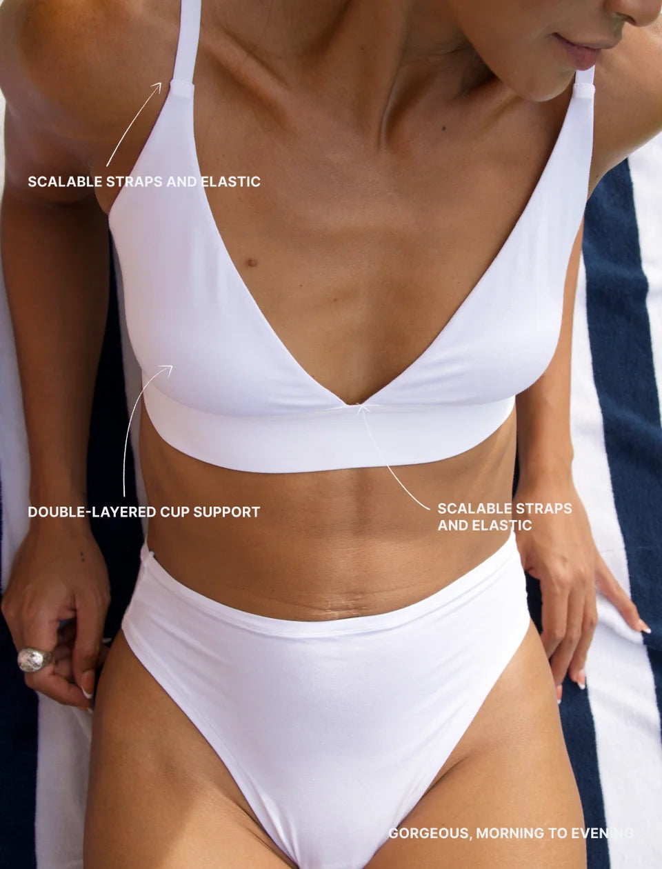 Model wearing white Harmony Triangle Bra with matching underwear