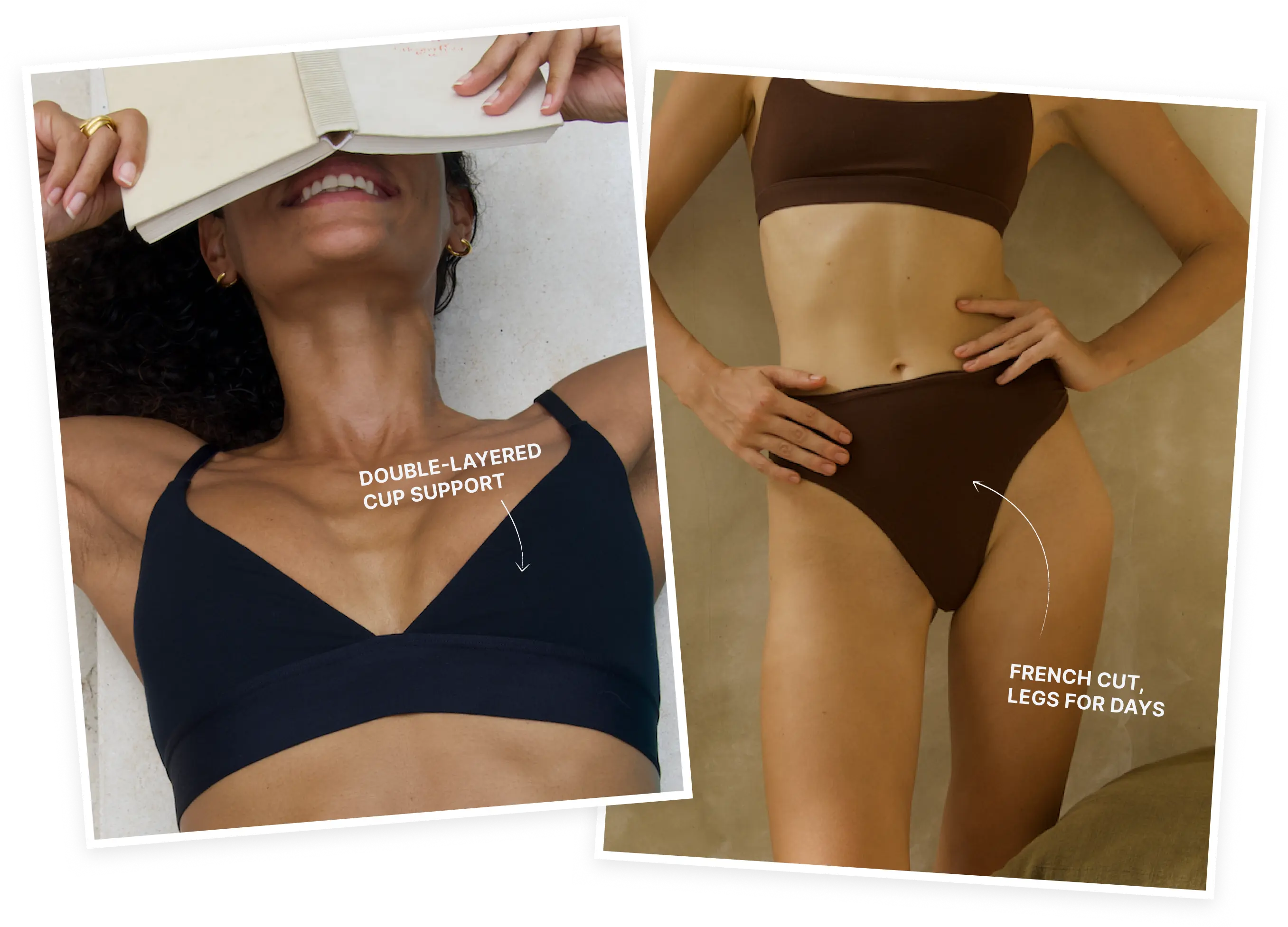 Double-layered cup support Bra and french cut underwear with text highlighting features on a plain background