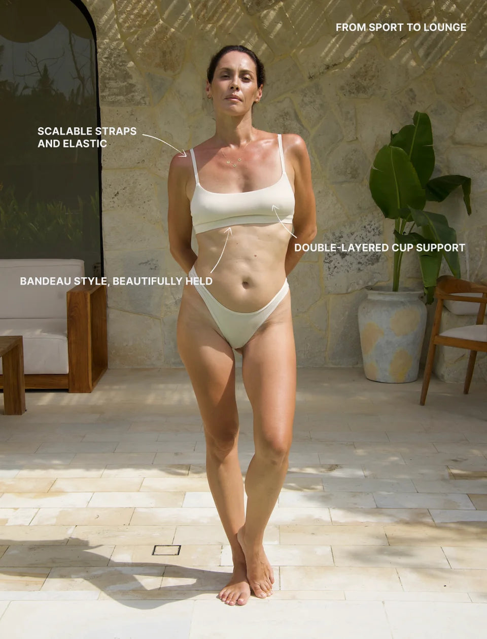 Model wearing beige Support Bralette with matching underwear