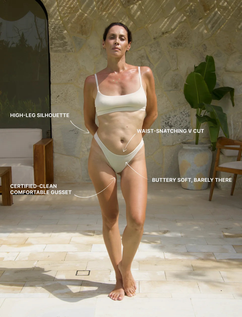 Model wearing beige Balance Thong